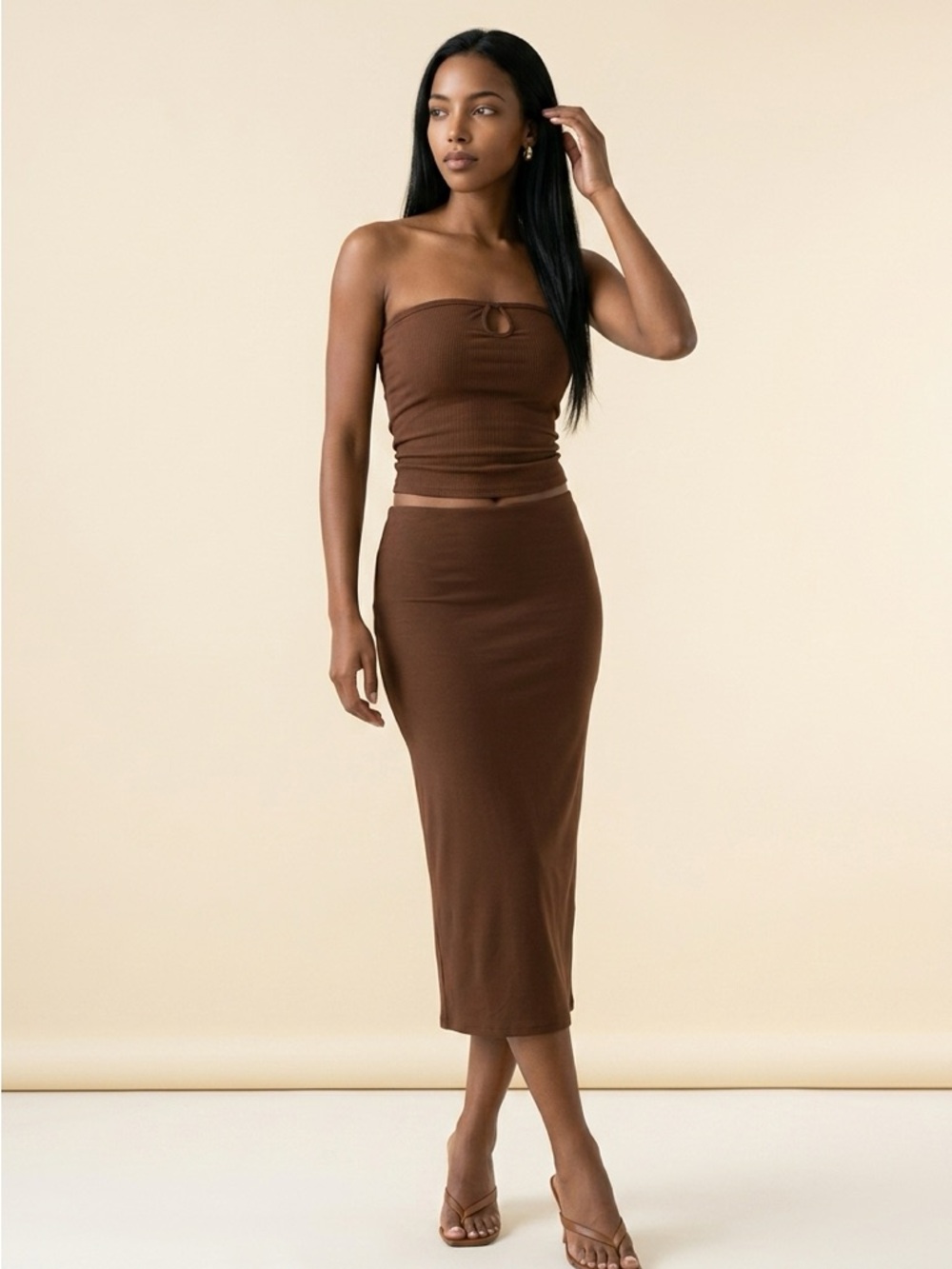 Women’s Brown Ribbed Midi Skirt